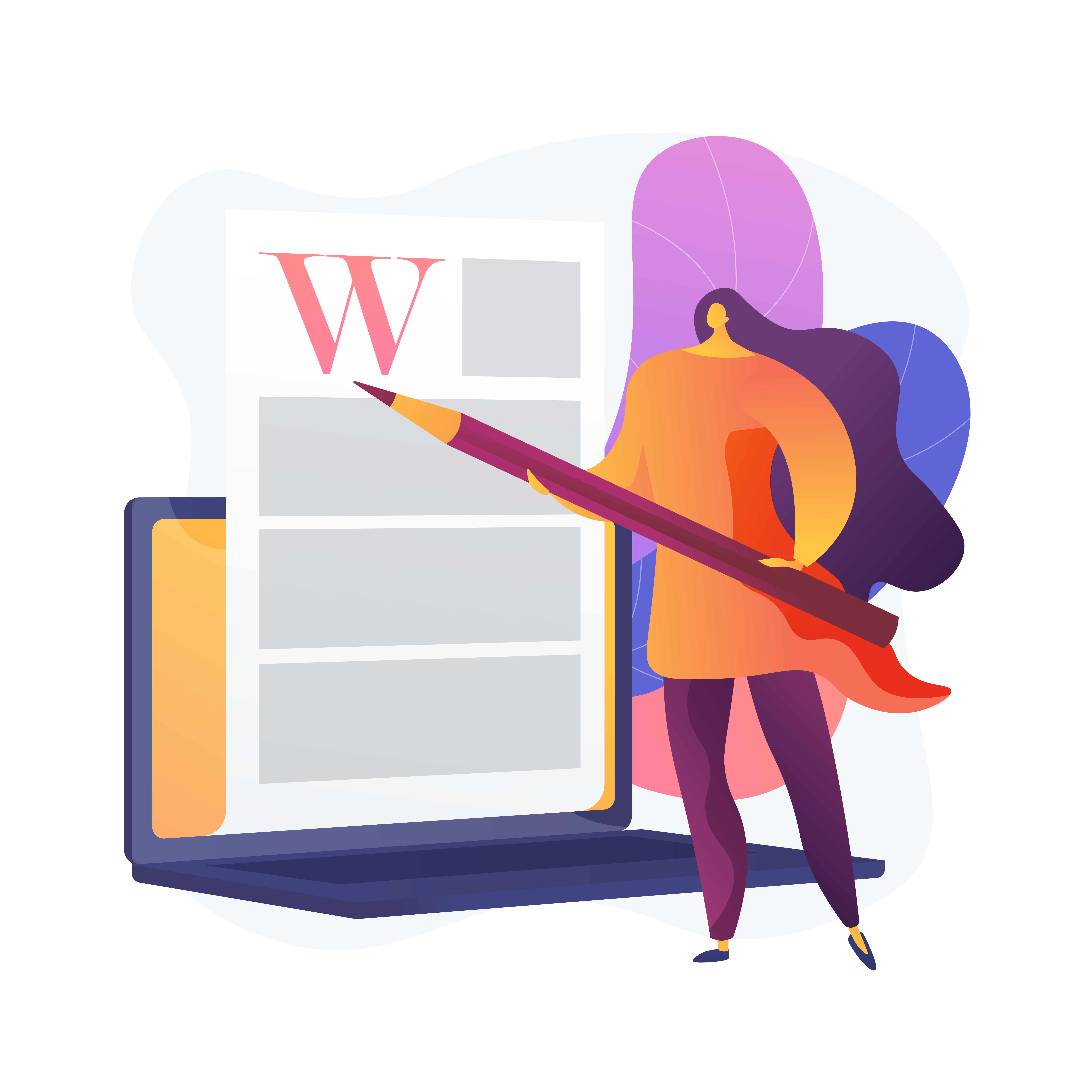 Personnage créatif tenant un crayon devant un article de blog